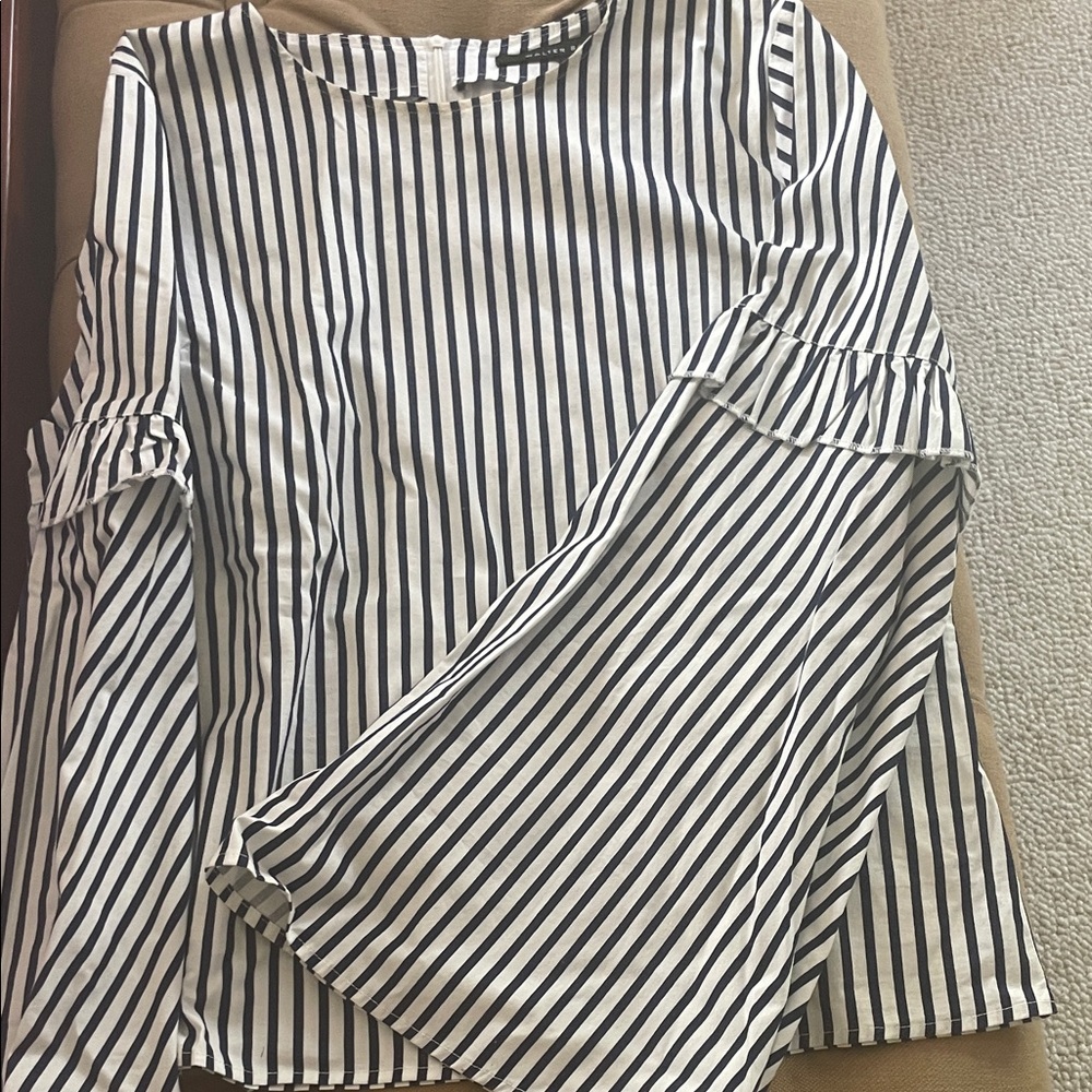 Walter Baker White and Navy Striped Bell Sleeve Blouse
